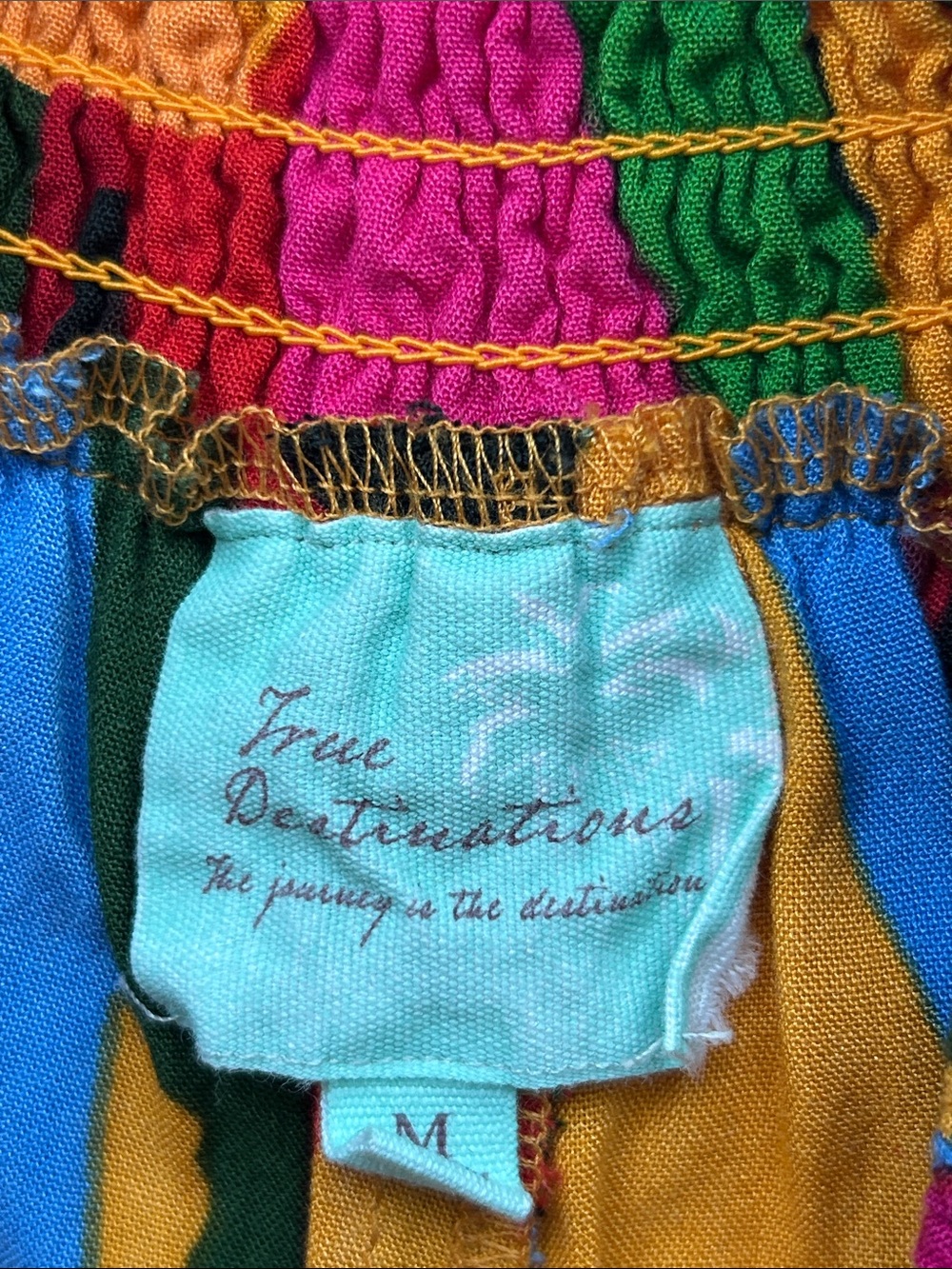 Vibrant Multicolor Printed Pants with Smocked Waist by True Destinations Medium - Picture 6 of 7